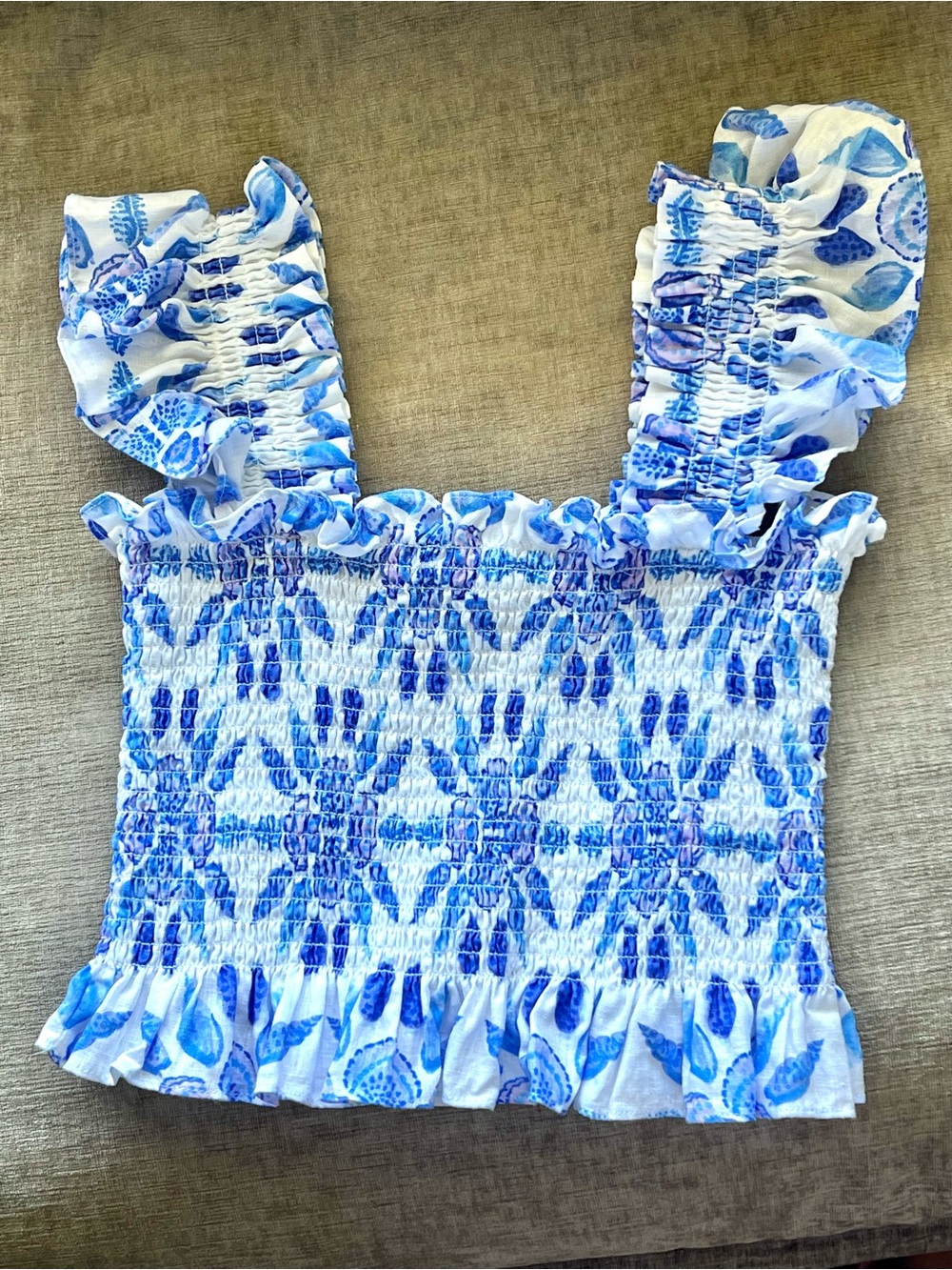 Hill House Smocked Floral Crop Top - Blue & White